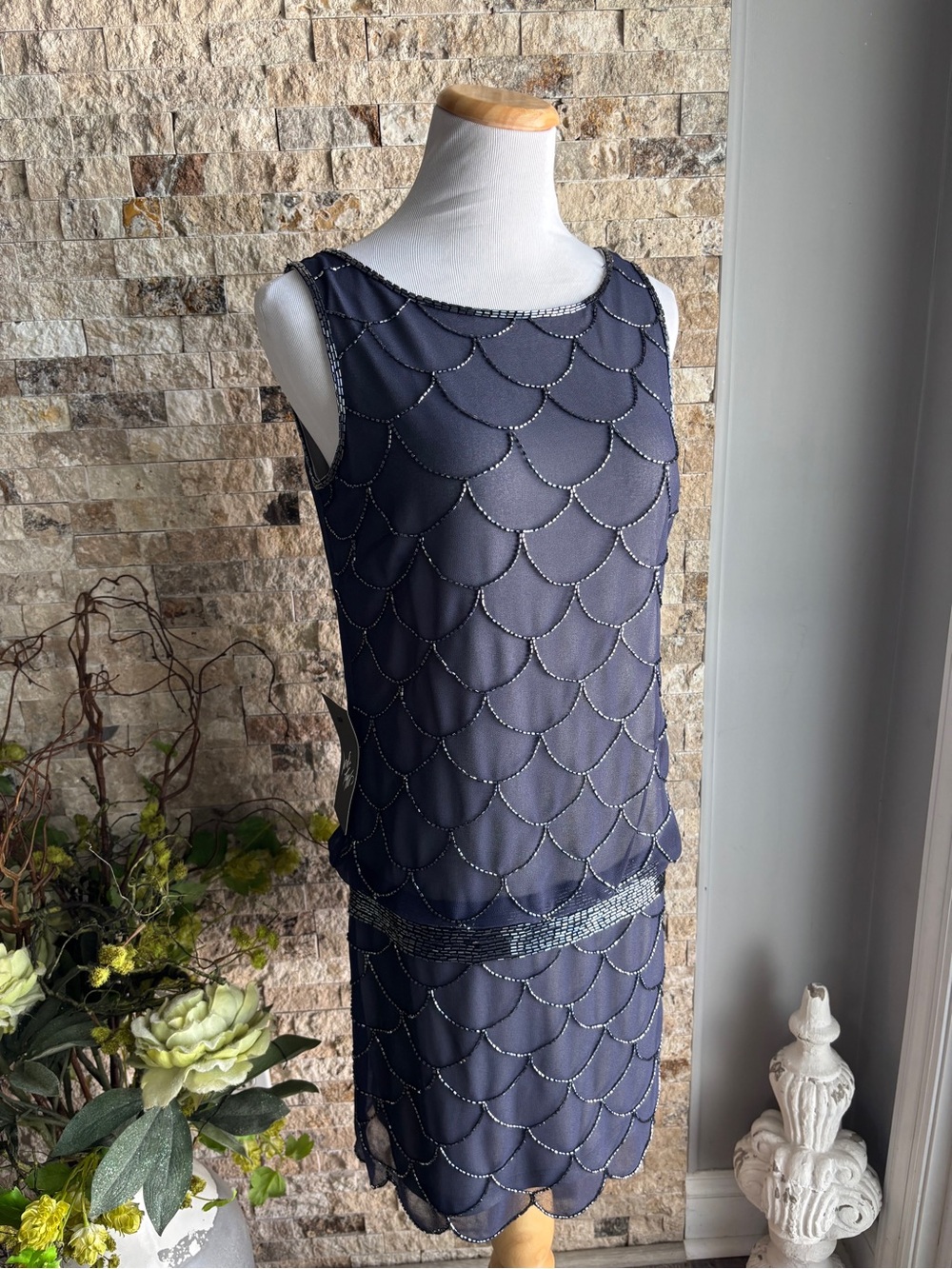 Adrianna Papell Navy Beaded Scallop Midi Dress